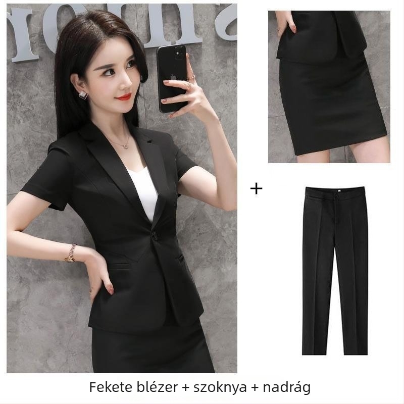 Női nyári kosztüm szett szoknyával – rövid ujjú, irodai stílus, rayon anyag, 2025 tavasz