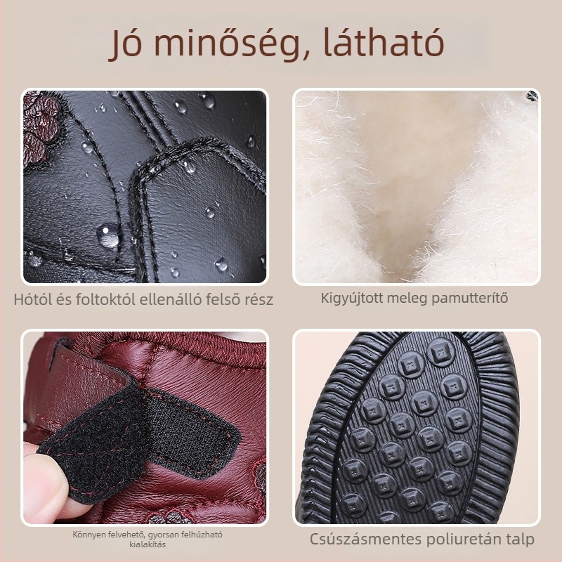 Női téli hócipő, fleece béléssel a melegért, vízálló, csúszásmentes talppal, Velcro-zárás.