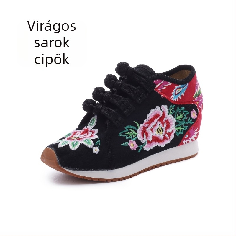 Női vászoncipő virágos hímzéssel, fleece béléssel, középmagas felső rész, kompozit talp