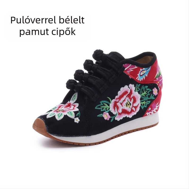 Női vászoncipő virágos hímzéssel, fleece béléssel, középmagas felső rész, kompozit talp