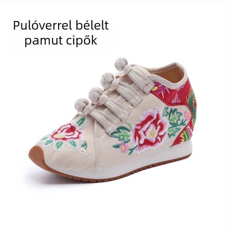 Női vászoncipő virágos hímzéssel, fleece béléssel, középmagas felső rész, kompozit talp