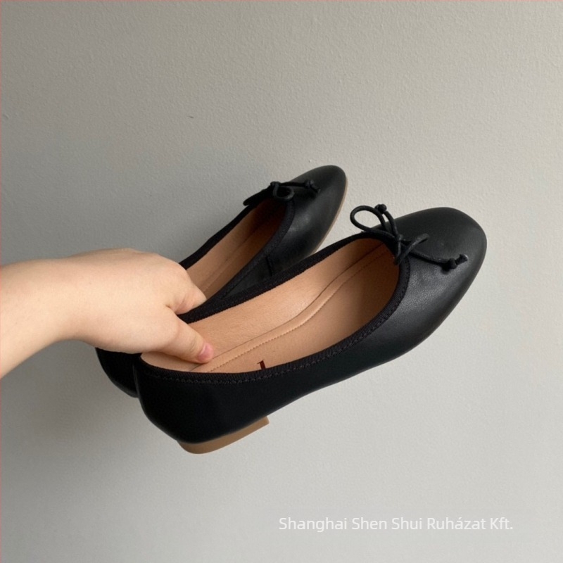Női balerina cipő természetes bőrből, koreai stílus, kerek orr, alacsony sarok 1–3 cm, gumi talp