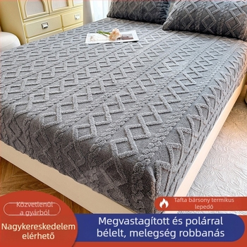 Tejszín velúr kötött ágynemű — téli vastagított, egyszínű, csúszásmentes matracvédő 1,8 m-es ágyhoz