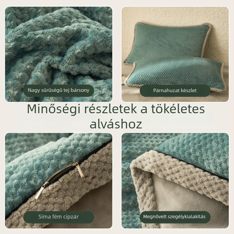 Tejszínű velúr és korallgyapjú plüss ágynemű, négy részes készlet, téli flaneles paplanhuzat, egyszínű, modern minimalist stílus