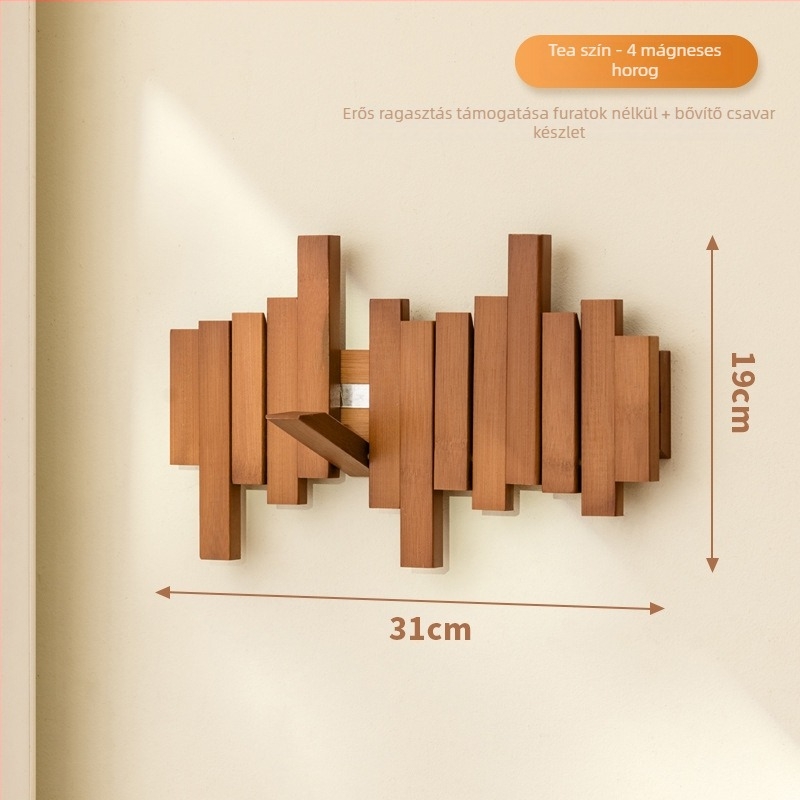 Mágneses kabátakasztó zongora billentyű designnal előszobába, folyosóra és hálószobába, falra szerelhető, fa/bambusz anyag, modern minimalistikus stílus, 3+ sor fogas, teherbírás 10–15 kg