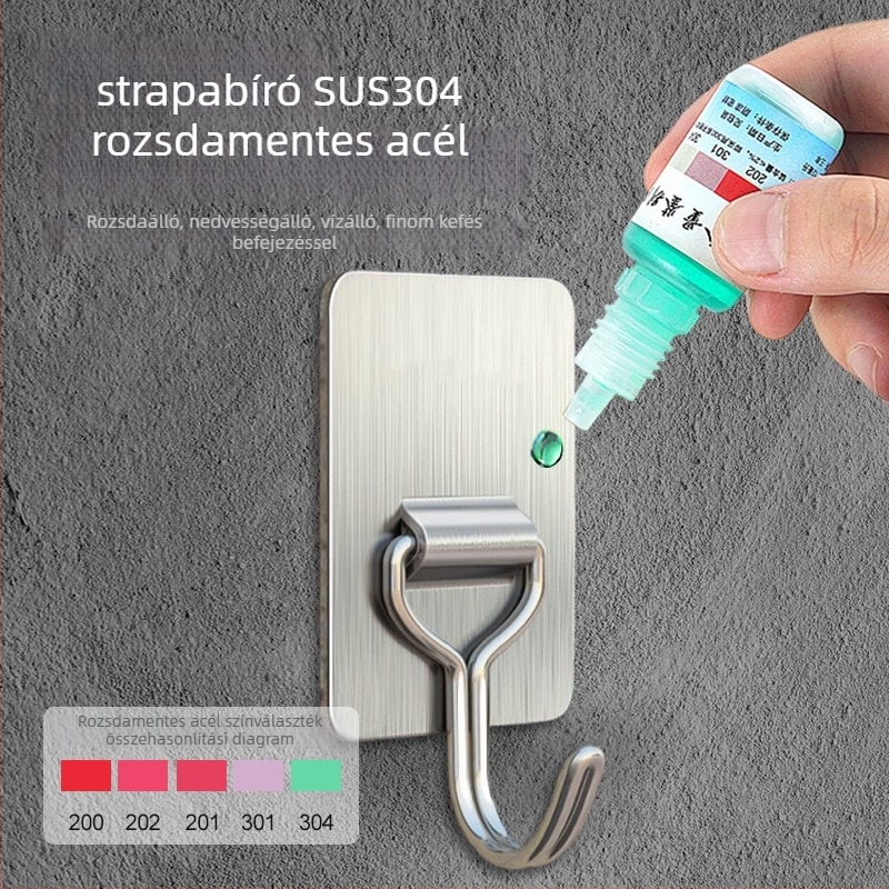 Rozsdamentes acél ragasztó kampó — masszív, fúrás nélküli szerelés, esőálló, beltéri és kültéri használatra, teherbírás 30 kg fölött