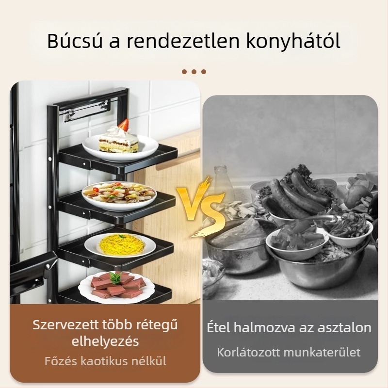 Étel-előkészítő állvány (összecsukható, többszintű, szívókorongos, falra szerelhető, fém)