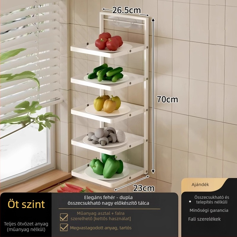 Étel-előkészítő állvány (összecsukható, többszintű, szívókorongos, falra szerelhető, fém)