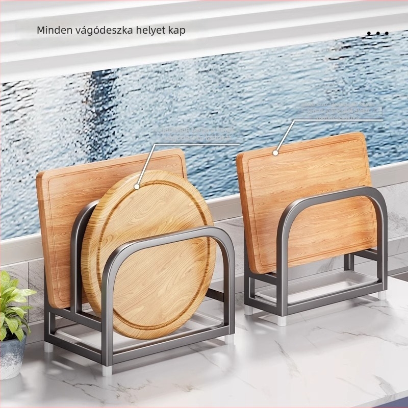 Rozsdamentes acél vágódeszka tároló állvány, telepítés nélkül, vízelvezető konyhai rendező, egyszerű és modern stílus