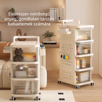 Gördíthető tárolóállvány – 5 rétegű, padlón álló, kerekekkel, levehető fiókkal, műanyagból
