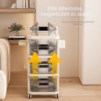Gördíthető tárolóállvány – 5 rétegű, padlón álló, kerekekkel, levehető fiókkal, műanyagból