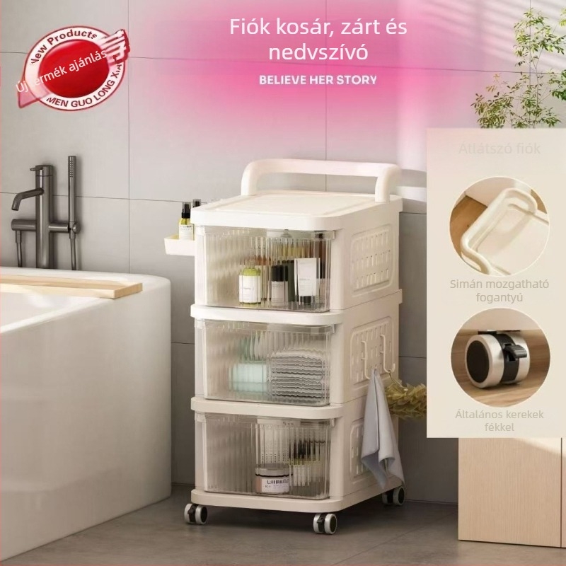 Gördíthető tárolóállvány – 5 rétegű, padlón álló, kerekekkel, levehető fiókkal, műanyagból