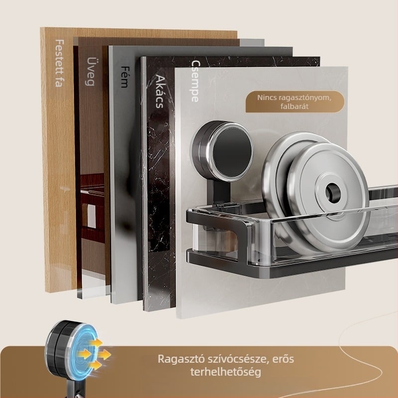 Fürdőszobai falra szerelhető tárolópolc szívóval, fúrás nélkül, egy szintű, teherbírás 1–5 kg, műanyag felület