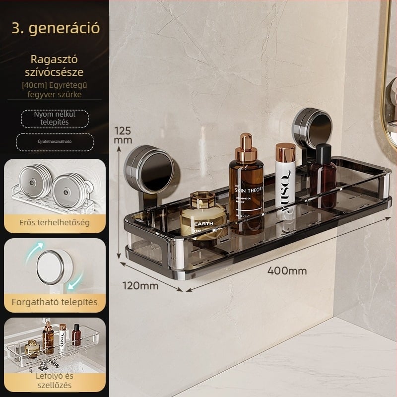 Fürdőszobai falra szerelhető tárolópolc szívóval, fúrás nélkül, egy szintű, teherbírás 1–5 kg, műanyag felület