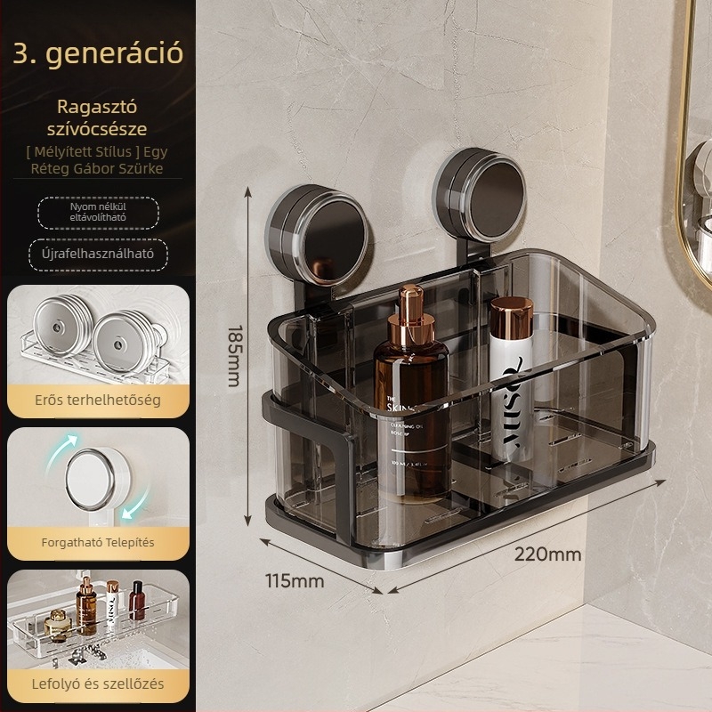 Fürdőszobai falra szerelhető tárolópolc szívóval, fúrás nélkül, egy szintű, teherbírás 1–5 kg, műanyag felület