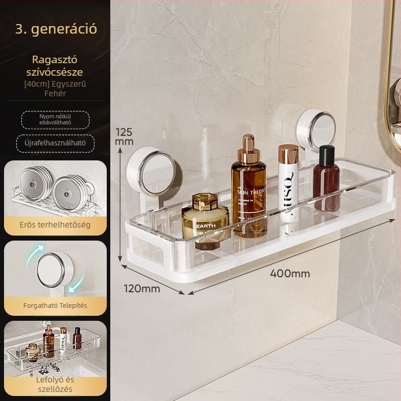 Fürdőszobai falra szerelhető tárolópolc szívóval, fúrás nélkül, egy szintű, teherbírás 1–5 kg, műanyag felület