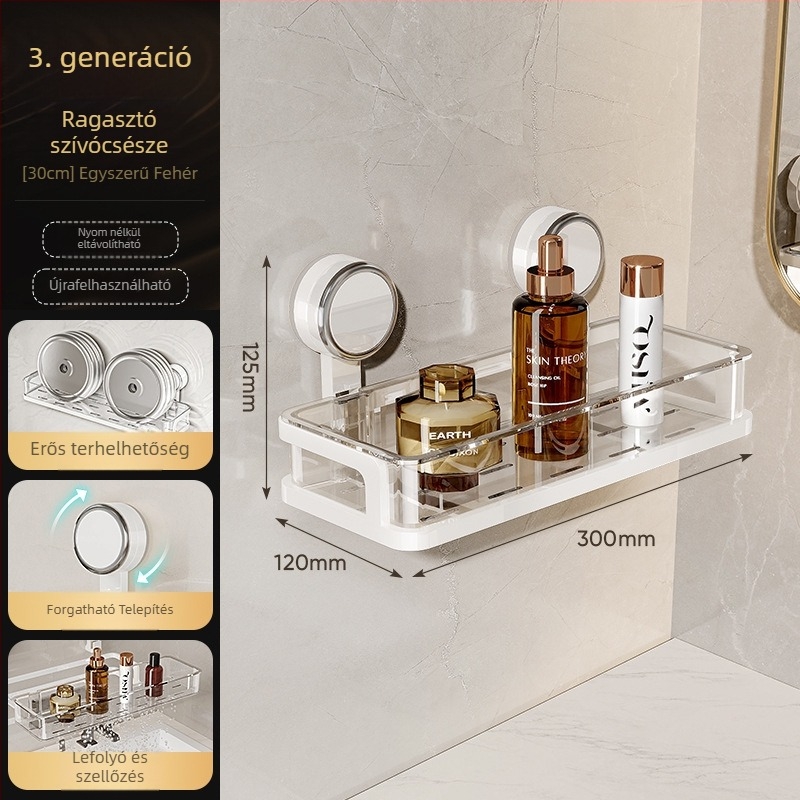Fürdőszobai falra szerelhető tárolópolc szívóval, fúrás nélkül, egy szintű, teherbírás 1–5 kg, műanyag felület