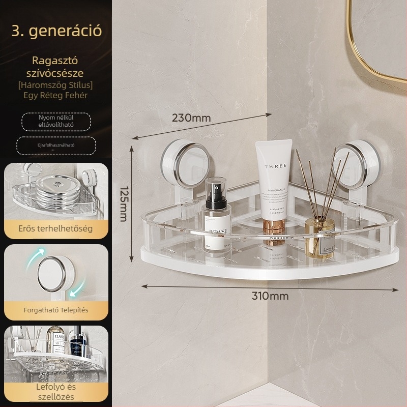 Fürdőszobai falra szerelhető tárolópolc szívóval, fúrás nélkül, egy szintű, teherbírás 1–5 kg, műanyag felület