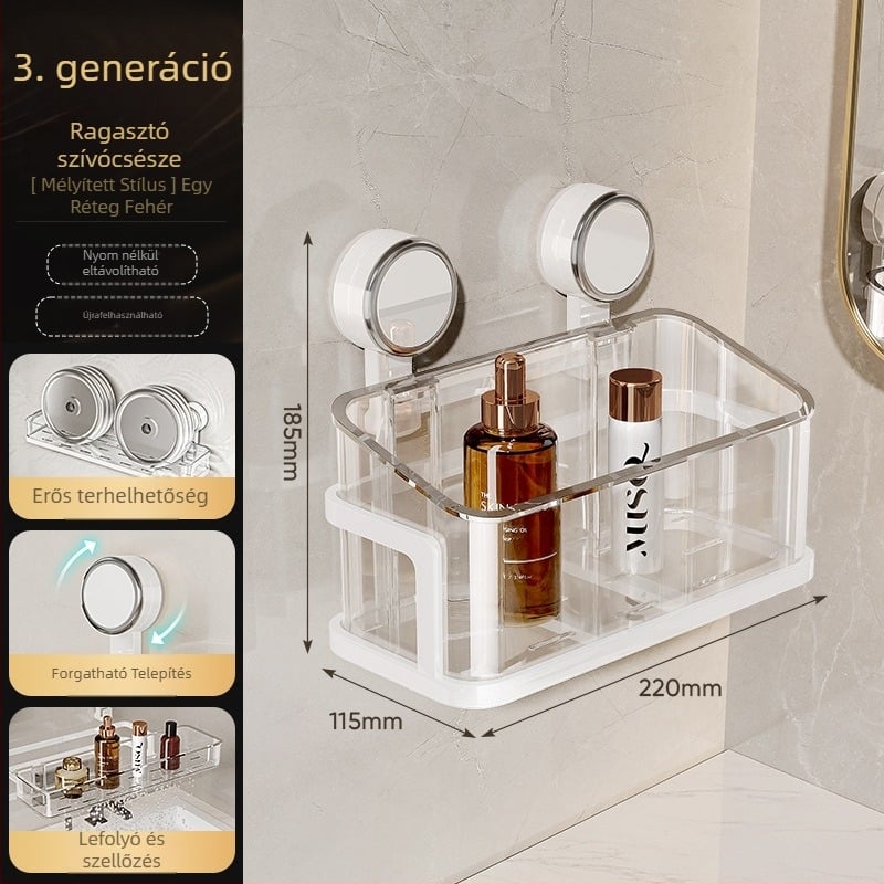 Fürdőszobai falra szerelhető tárolópolc szívóval, fúrás nélkül, egy szintű, teherbírás 1–5 kg, műanyag felület