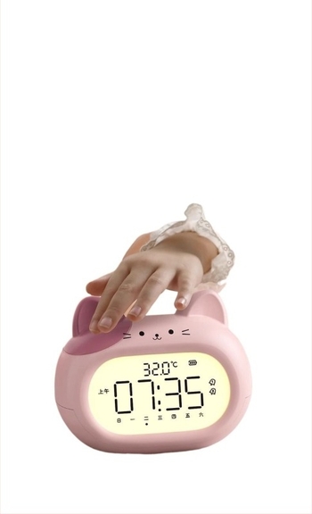 Iskolások ébresztője — gyerekbarát kialakítás, pointer kijelző, újratölthető, Mimitoou/Mimi Rabbit mozgás, MDF+PVC ház