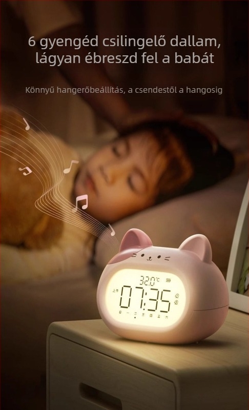 Iskolások ébresztője — gyerekbarát kialakítás, pointer kijelző, újratölthető, Mimitoou/Mimi Rabbit mozgás, MDF+PVC ház