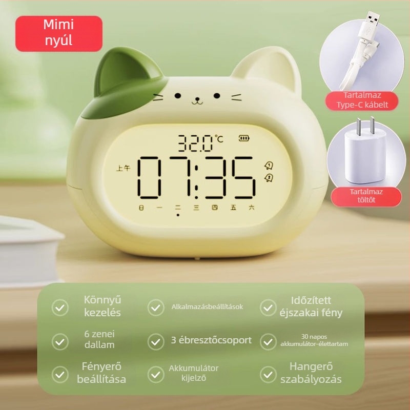 Iskolások ébresztője — gyerekbarát kialakítás, pointer kijelző, újratölthető, Mimitoou/Mimi Rabbit mozgás, MDF+PVC ház