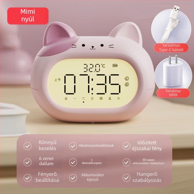 Iskolások ébresztője — gyerekbarát kialakítás, pointer kijelző, újratölthető, Mimitoou/Mimi Rabbit mozgás, MDF+PVC ház