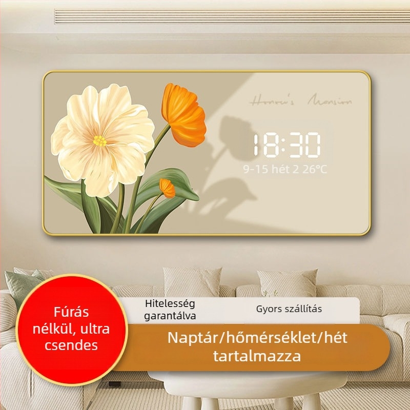 LED kijelzős falióra öröknaptárral, skandináv stílusú fa kerettel