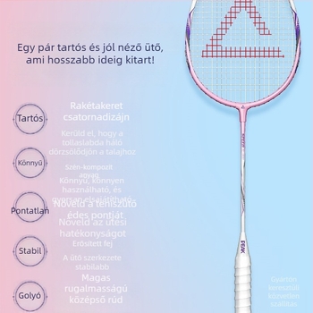 Badminton ütő karbon szálas kerettel, nylon húrokkal, tömeg 95–100 g, markolat G2, vízszintes ütés