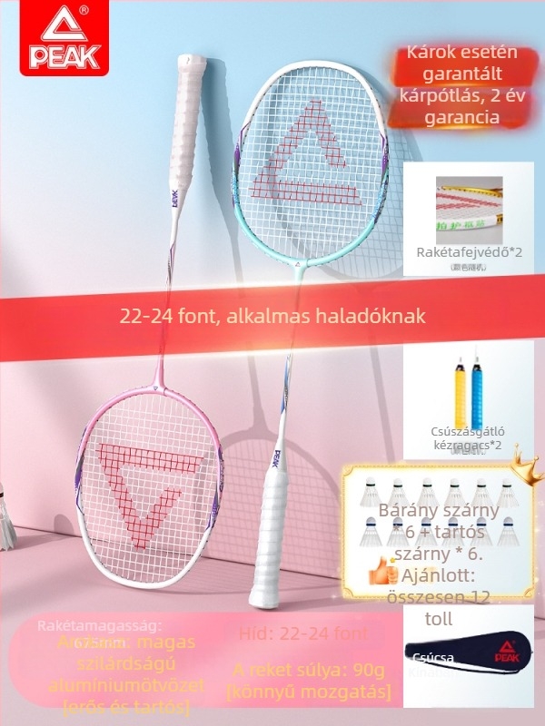 Badminton ütő karbon szálas kerettel, nylon húrokkal, tömeg 95–100 g, markolat G2, vízszintes ütés