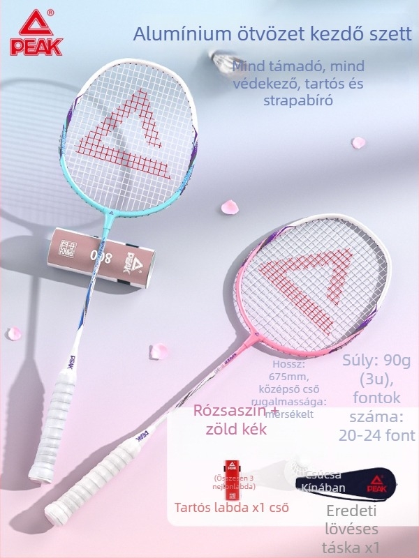 Badminton ütő karbon szálas kerettel, nylon húrokkal, tömeg 95–100 g, markolat G2, vízszintes ütés