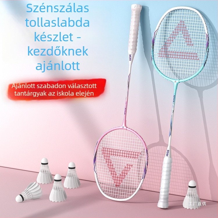 Badminton ütő karbon szálas kerettel, nylon húrokkal, tömeg 95–100 g, markolat G2, vízszintes ütés