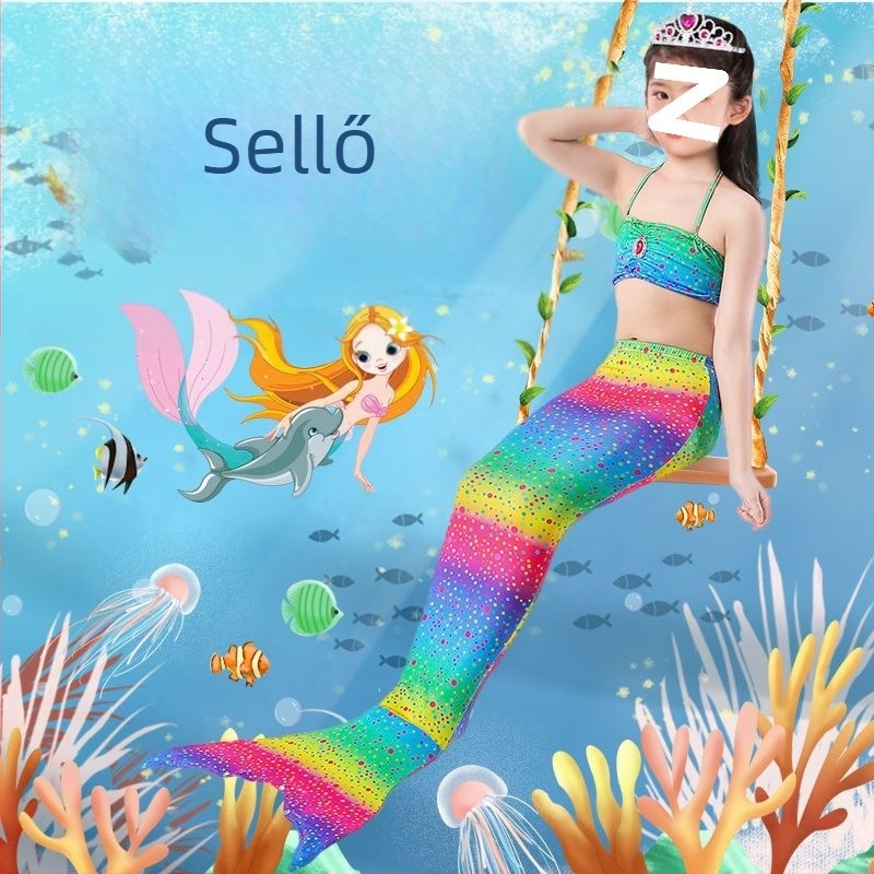Gyerekeknek szóló sellőfarú fürdőruha lányoknak — nejlon anyag, vinilon 91–95% rost, bélés 91–95%, bikini-stílus