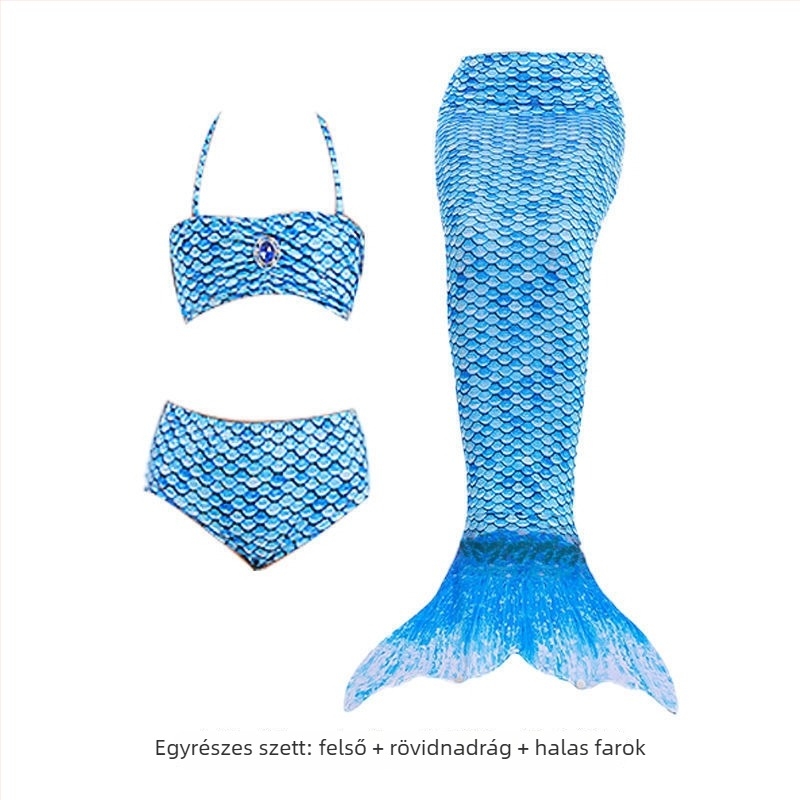 Gyerekeknek szóló sellőfarú fürdőruha lányoknak — nejlon anyag, vinilon 91–95% rost, bélés 91–95%, bikini-stílus