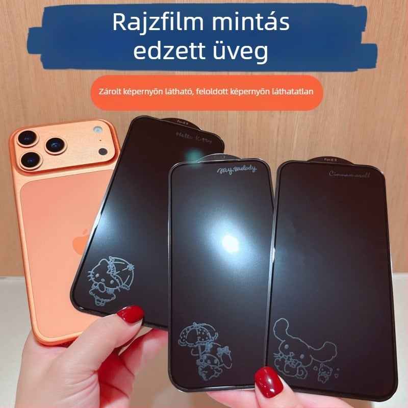Macska- és alma mintás edzett üveg kijelzővédő iPhone 15/16/17