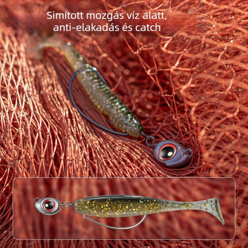Ólomfejű csali, halacskaszeme dizájn, antiakadás, gyors kioldású süllyedő, hajlított horog