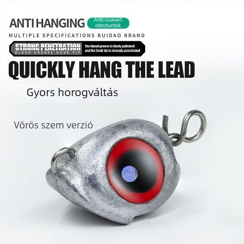 Ólomfejű csali, halacskaszeme dizájn, antiakadás, gyors kioldású süllyedő, hajlított horog