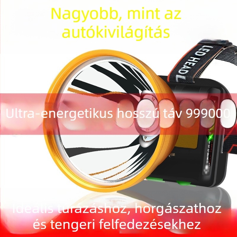 LED fejlámpa, újratölthető, hosszú hatótávolságú éjszakai horgászathoz