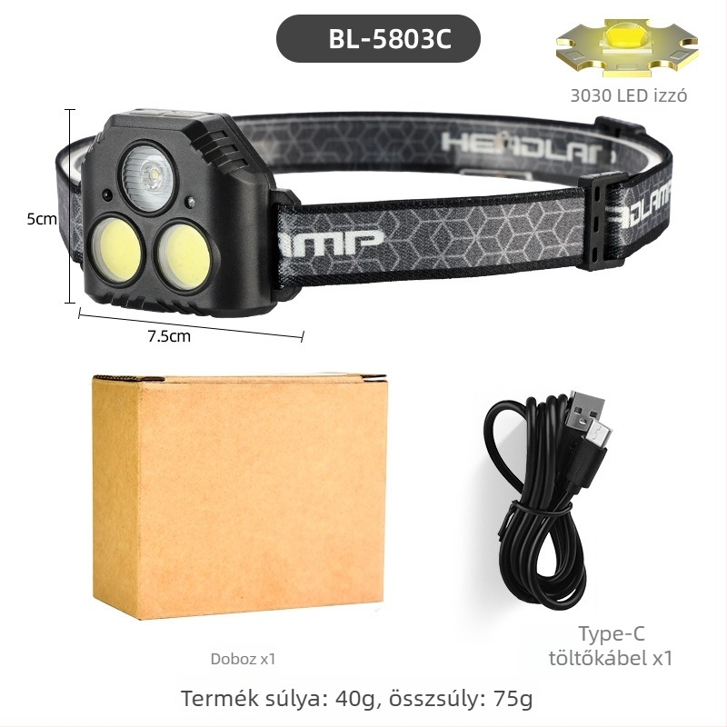 COB LED fejlámpa, USB-töltésű, kültéri sportokra, 50 m fénysugár, 3–6 óra üzemidő, rugalmas fejpánt