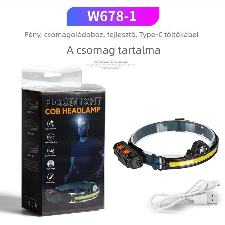 LED fejlámpa kültéri használatra, horgászathoz és kempingezéshez, USB-C töltéssel, 10W, 1200mAh, 360° forgatás, zoom fénysugár, 200–500 m hatótáv
