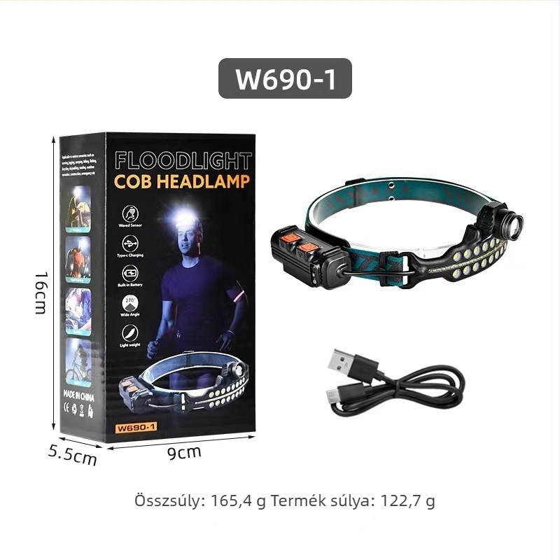 LED fejlámpa kültéri használatra, horgászathoz és kempingezéshez, USB-C töltéssel, 10W, 1200mAh, 360° forgatás, zoom fénysugár, 200–500 m hatótáv