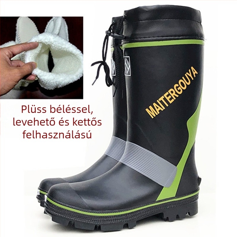 Férfi acélszeges esőcsizma csúszásmentes gumitalppal jégre és hóra, horgász lábbeli