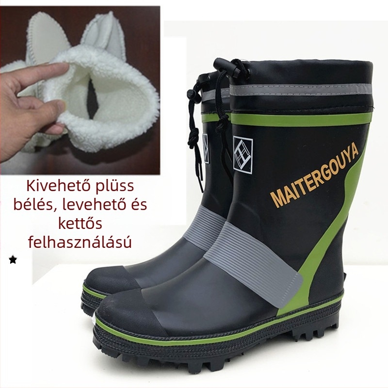 Férfi acélszeges esőcsizma csúszásmentes gumitalppal jégre és hóra, horgász lábbeli