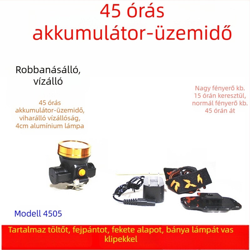Robosztus bányász sisak LED fejlámpával, tölthető energiaforrással, vízálló, hatótáv több mint 500 m