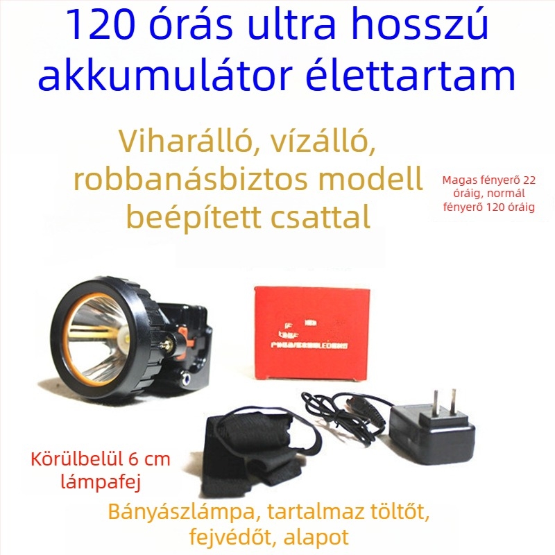 Robosztus bányász sisak LED fejlámpával, tölthető energiaforrással, vízálló, hatótáv több mint 500 m