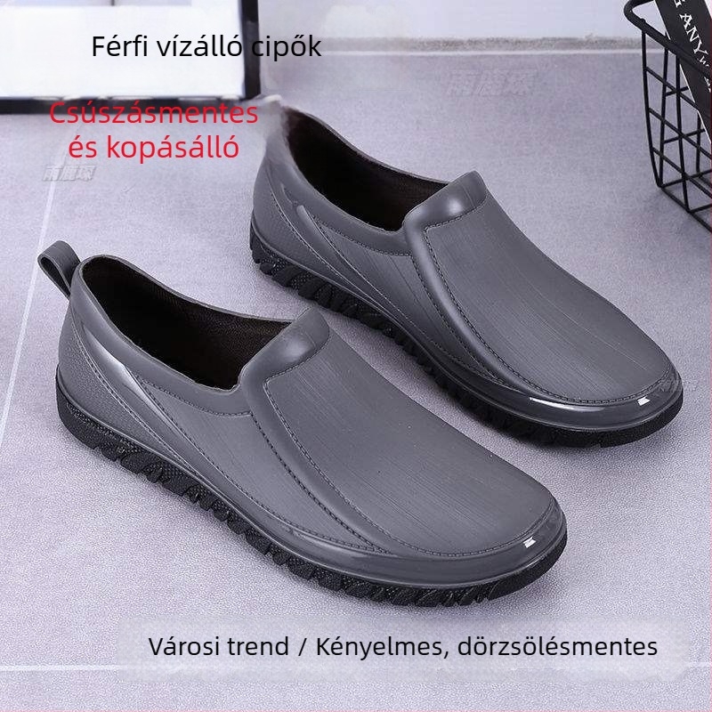 Férfi esőcsizma, PVC felsőrész és talp, alacsony cső, pamut bélés, tavasz–ősz viseletre