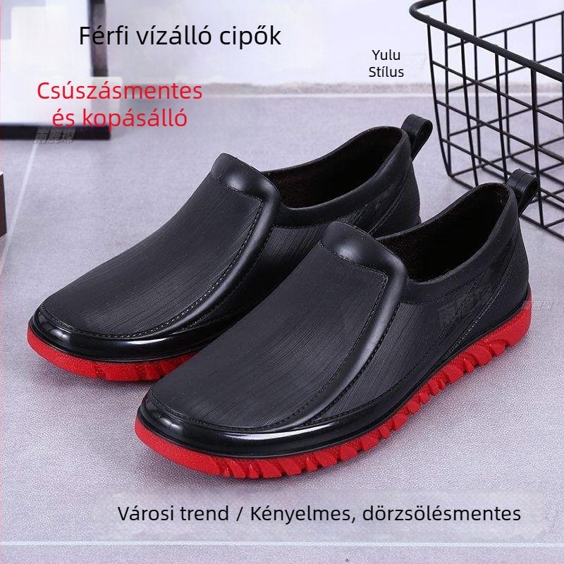 Férfi esőcsizma, PVC felsőrész és talp, alacsony cső, pamut bélés, tavasz–ősz viseletre