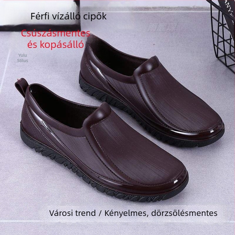 Férfi esőcsizma, PVC felsőrész és talp, alacsony cső, pamut bélés, tavasz–ősz viseletre