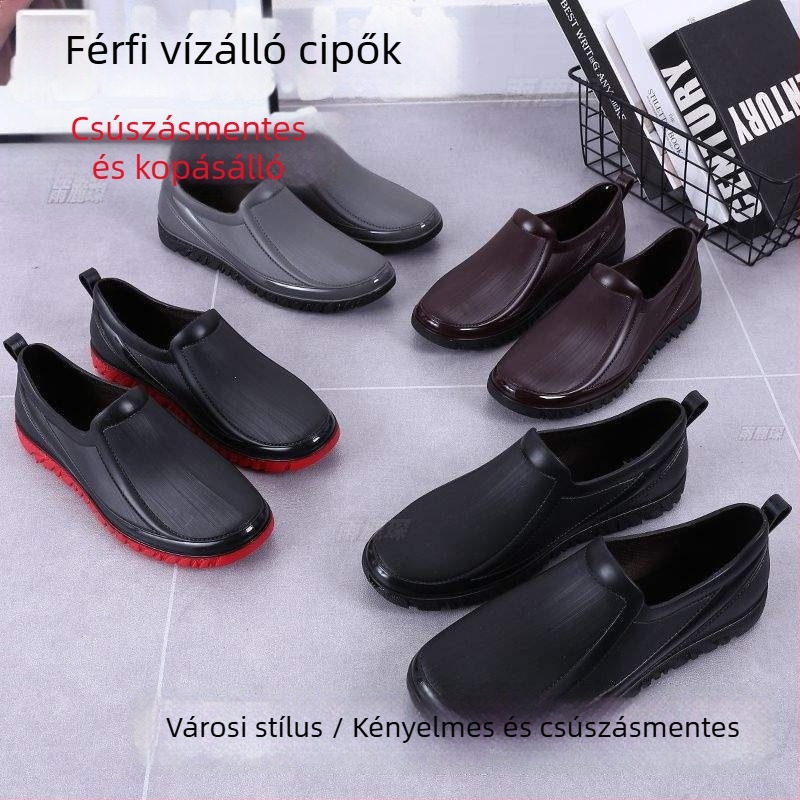 Férfi esőcsizma, PVC felsőrész és talp, alacsony cső, pamut bélés, tavasz–ősz viseletre