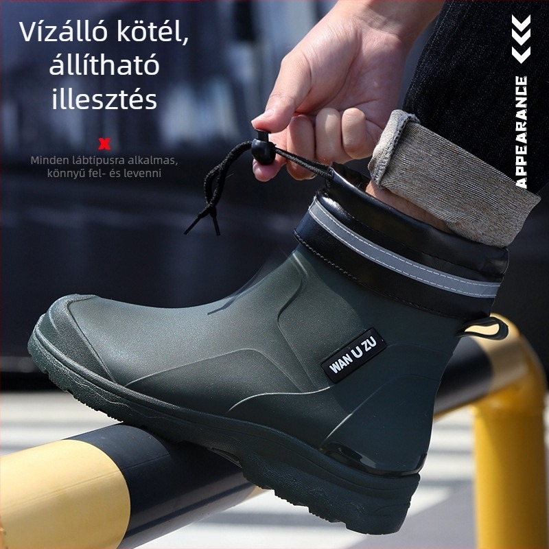 Férfiaknak szánt rövid esőcsizmák, PVC felsőrész, vízálló, csúszásmentes, könnyű, injekciós öntésű műanyag talp